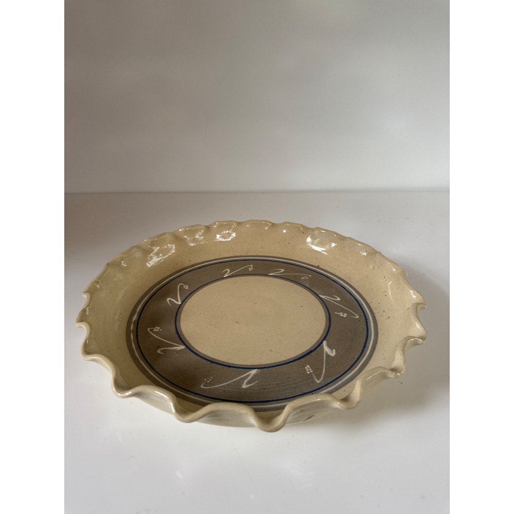 Vintage 1989 Signed Studio Pottery Ruffled Pie Dish Speckled Stoneware 10.5"